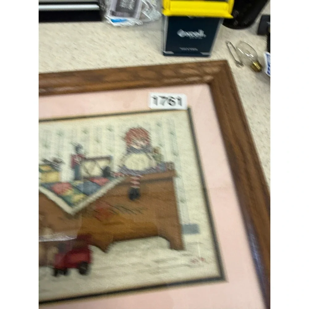 Vintage Raggedy Ann Cross Stitch Framed Nursery Decor Teddy Bear Toy Chest
